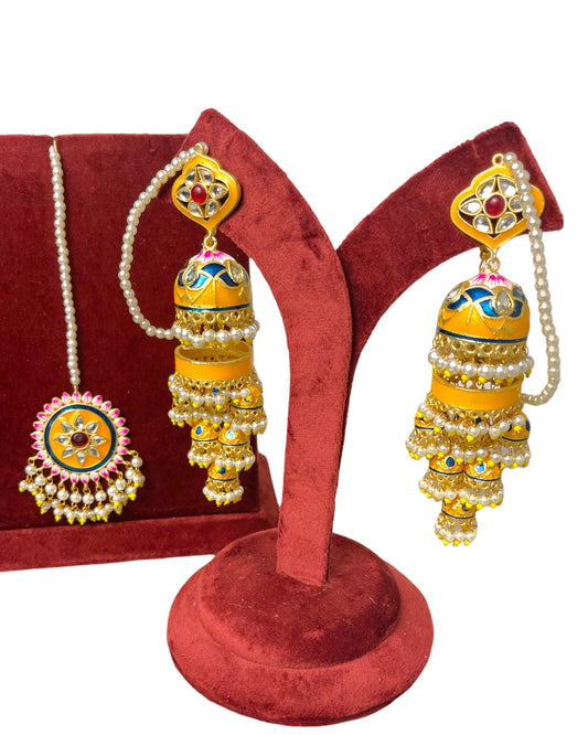Yellow Gold Plated Chandelier Kundan Meena Jhumkay Earring & Tika Set