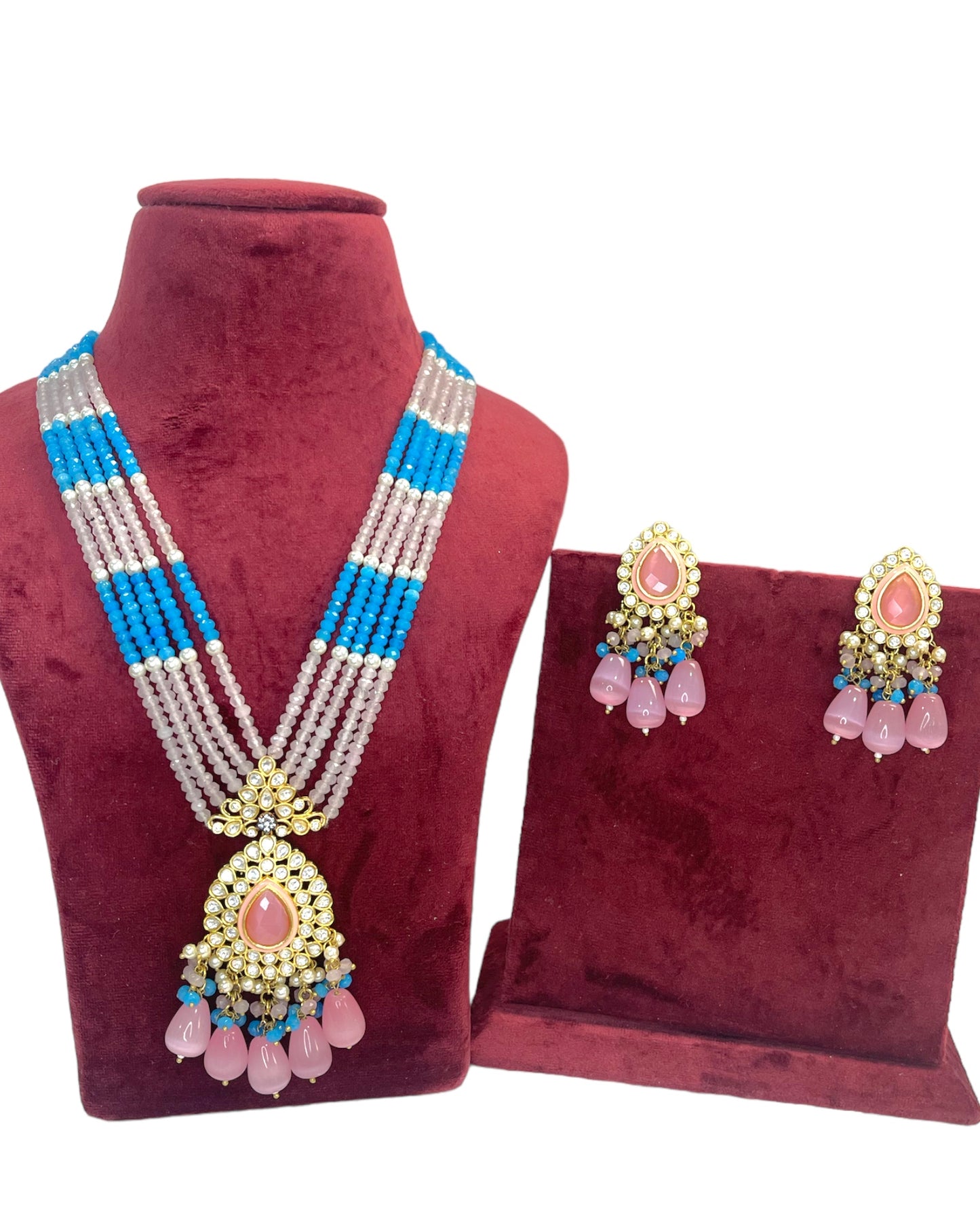 Pink and Blue Gold Plated Kundan Mala Set