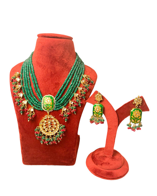 Green and Maroon/ Burgundy Gold Plated Kundan and Meenakaari Mala Set