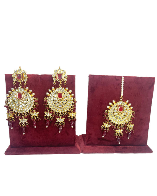 Maroon/ Burgundy Kundan Gold Plated Earring & Tika Set