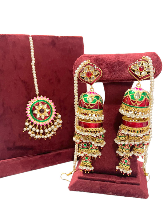 Red Gold Plated Chandelier Kundan Meena Jhumkay Earring & Tika Set
