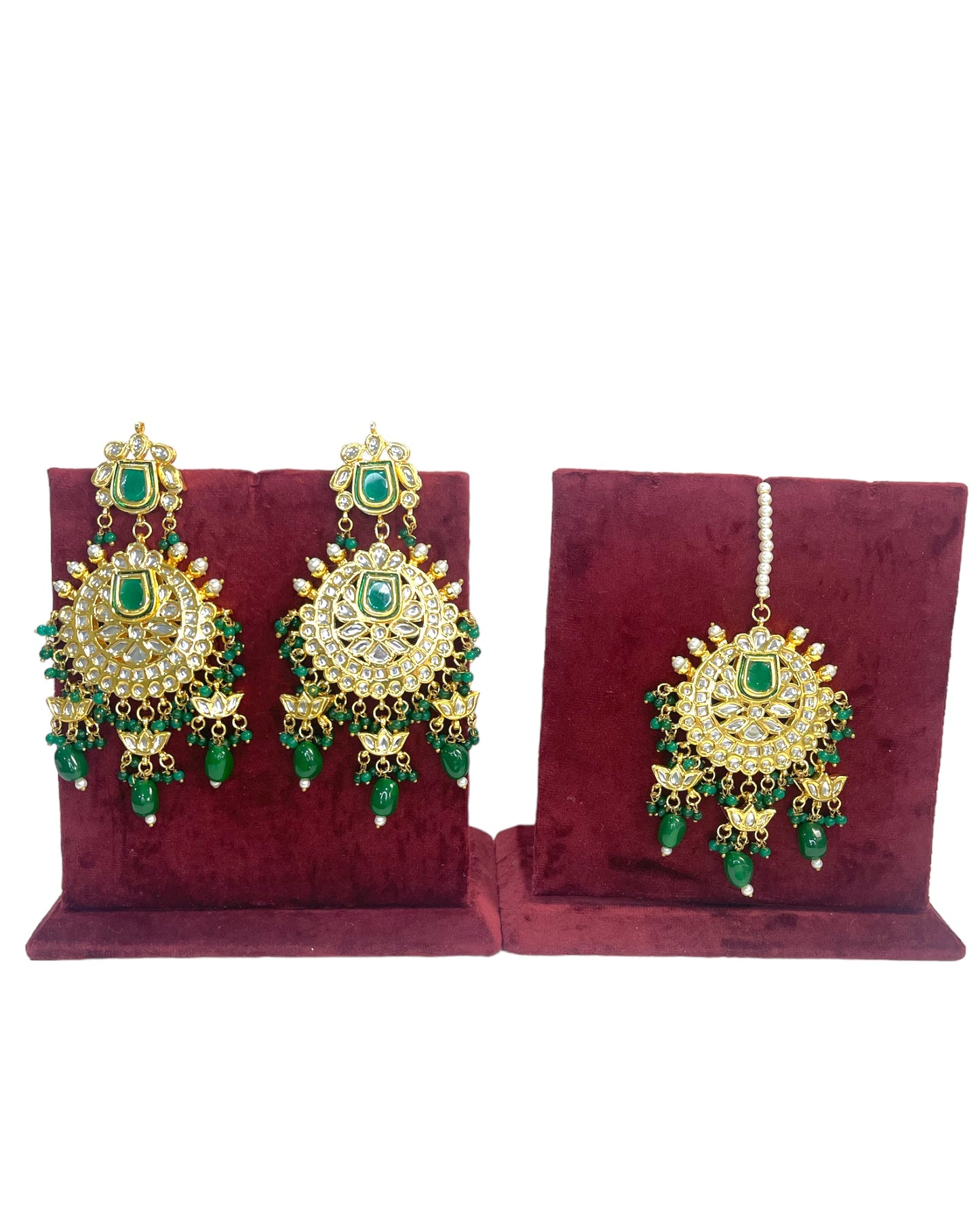 Emerald Green Kundan Gold Plated Earring & Tika Set