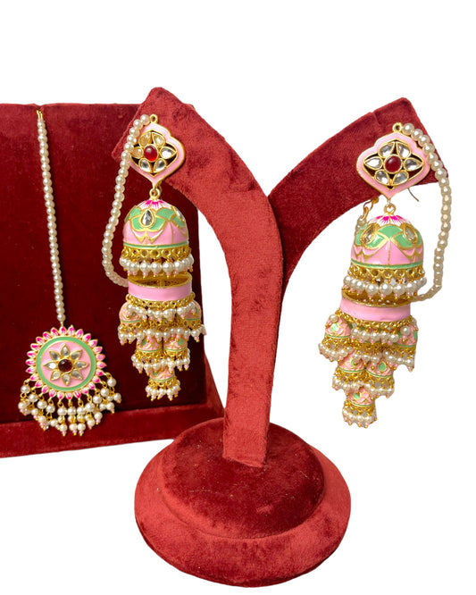 Pink Gold Plated Chandelier Kundan Meena Jhumkay Earring & Tika Set