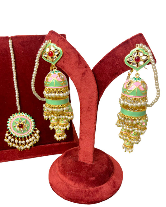 Mint Gold Plated Chandelier Kundan Meena Jhumkay Earring & Tika Set