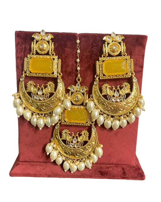 Yellow Kundan Earring & Tika Set