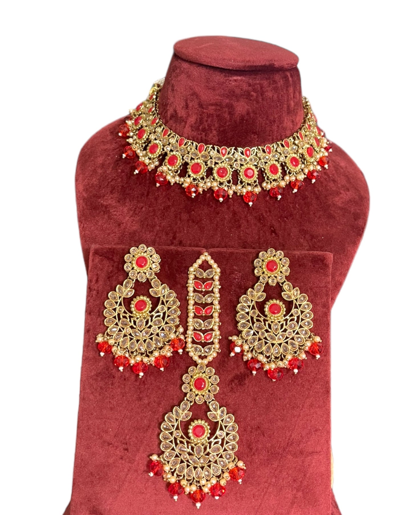 Bright Red Polki Necklace Set