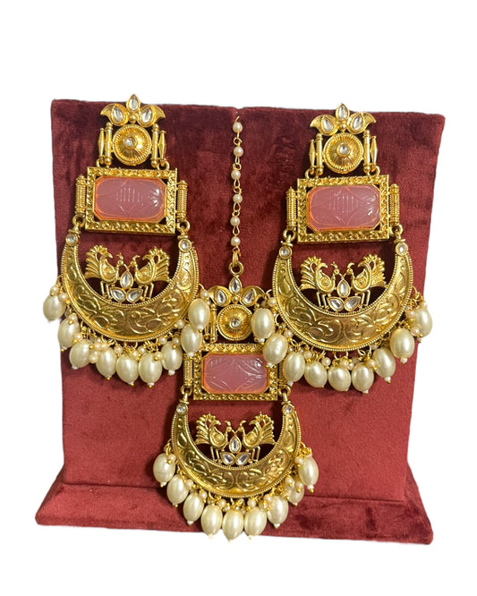 Blush Pink Kundan Earring & Tika Set