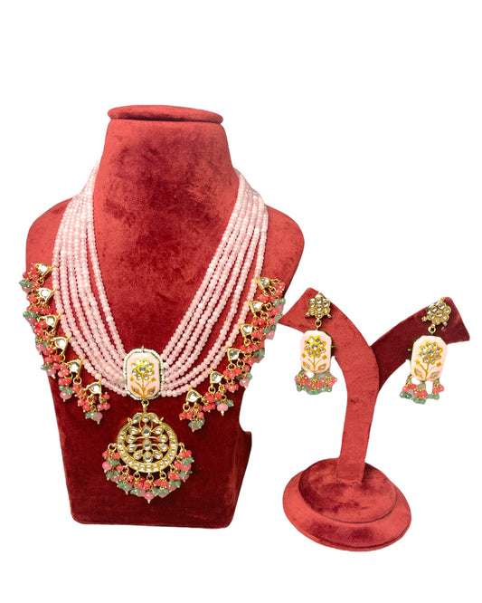 Pink and Mint Gold Plated Kundan and Meenakaari Mala Set