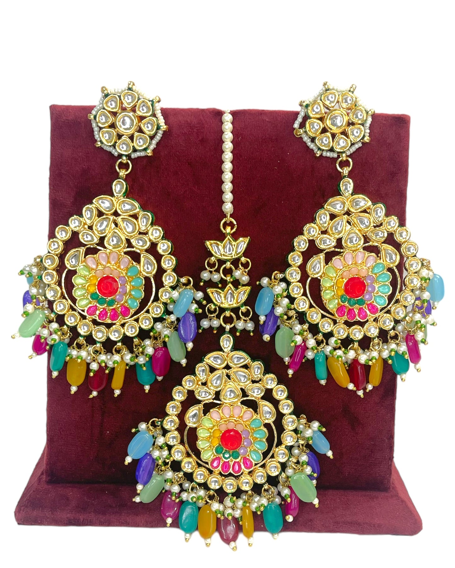 Multicolor Kundan Gold Plated Earring & Tika Set