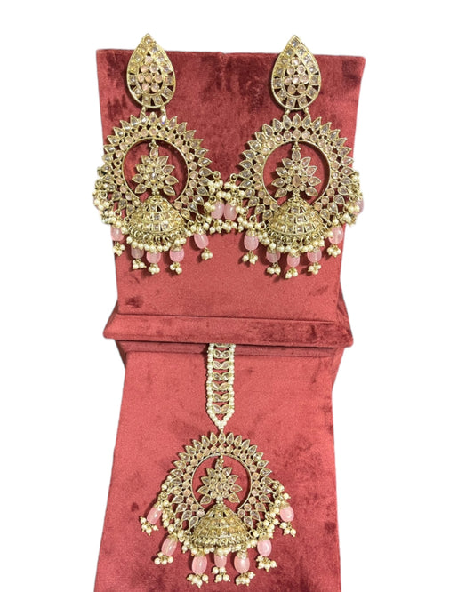 Blush Pink Oversized Jhumki Polki Earring & Tika Set