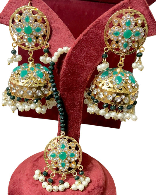 Emerald Green Jadau Jhumkay Earring & Tika Set